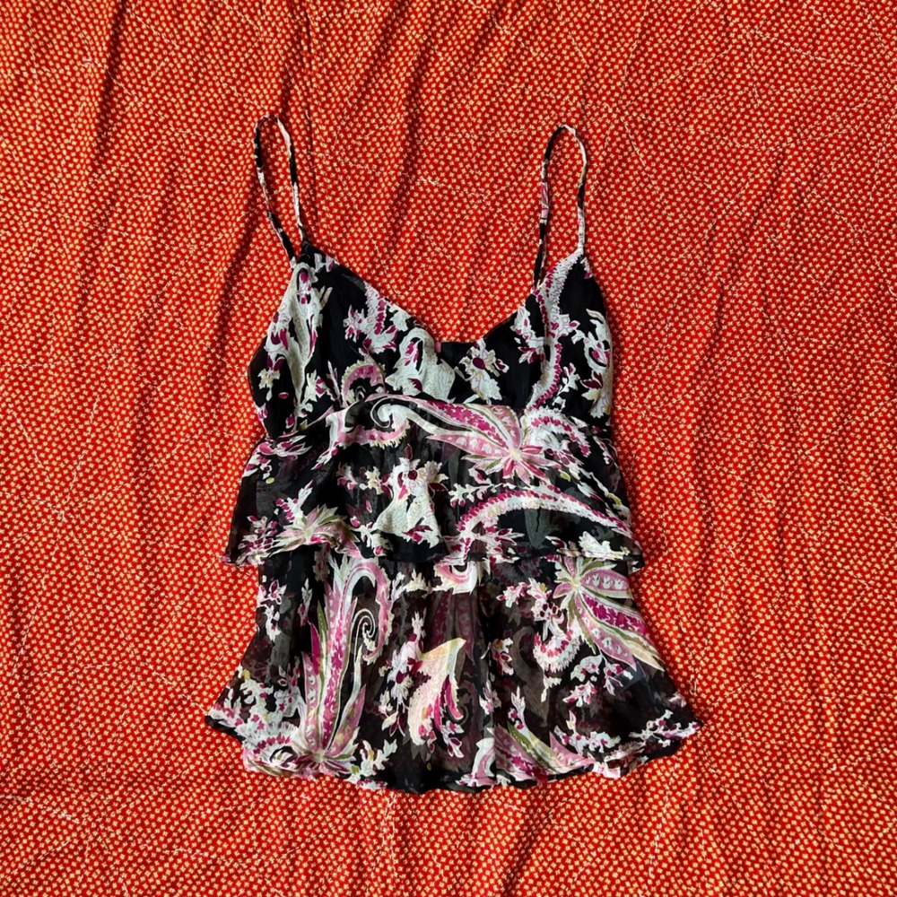 Lolo Vintage 2000s Style Paisley Tiered Ruffle Cami Top Black Pink Large